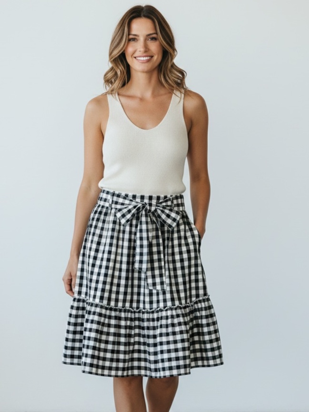 J. Crew Black and White Gingham Tie-Waist Midi Skirt Size 2 Preppy